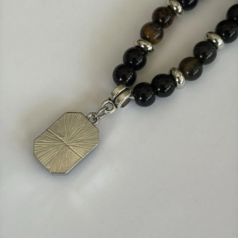 Men’s Tiger Eye & Black Bead Pendant Necklace